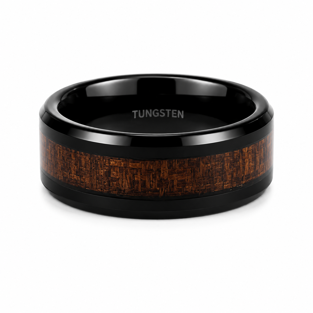 The Voyager: Black Tungsten Band with Woven Koa Wood Inlay