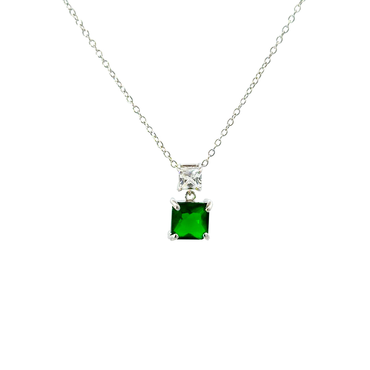 Sterling Silver Princess-cut Emerald Necklace