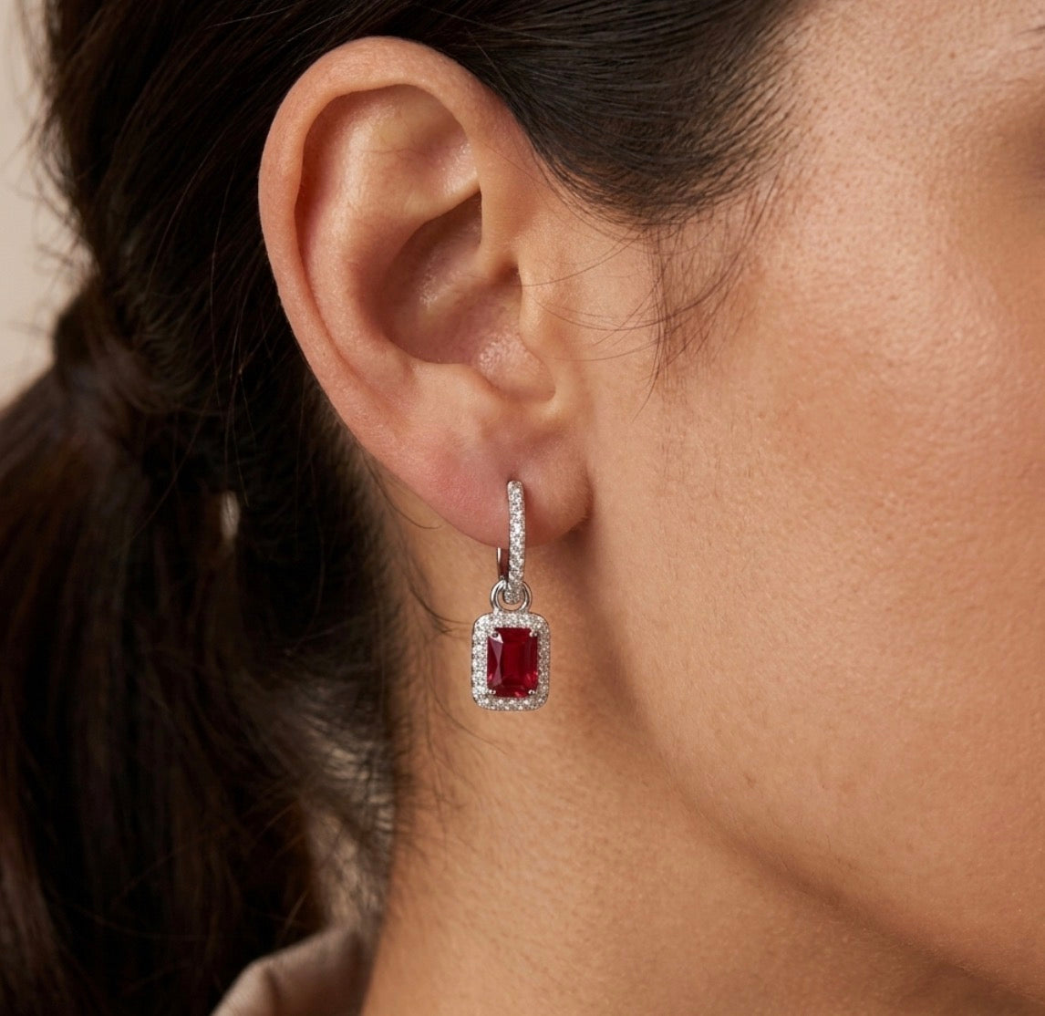Sterling Silver Emerald-cut Ruby Drop Earrings