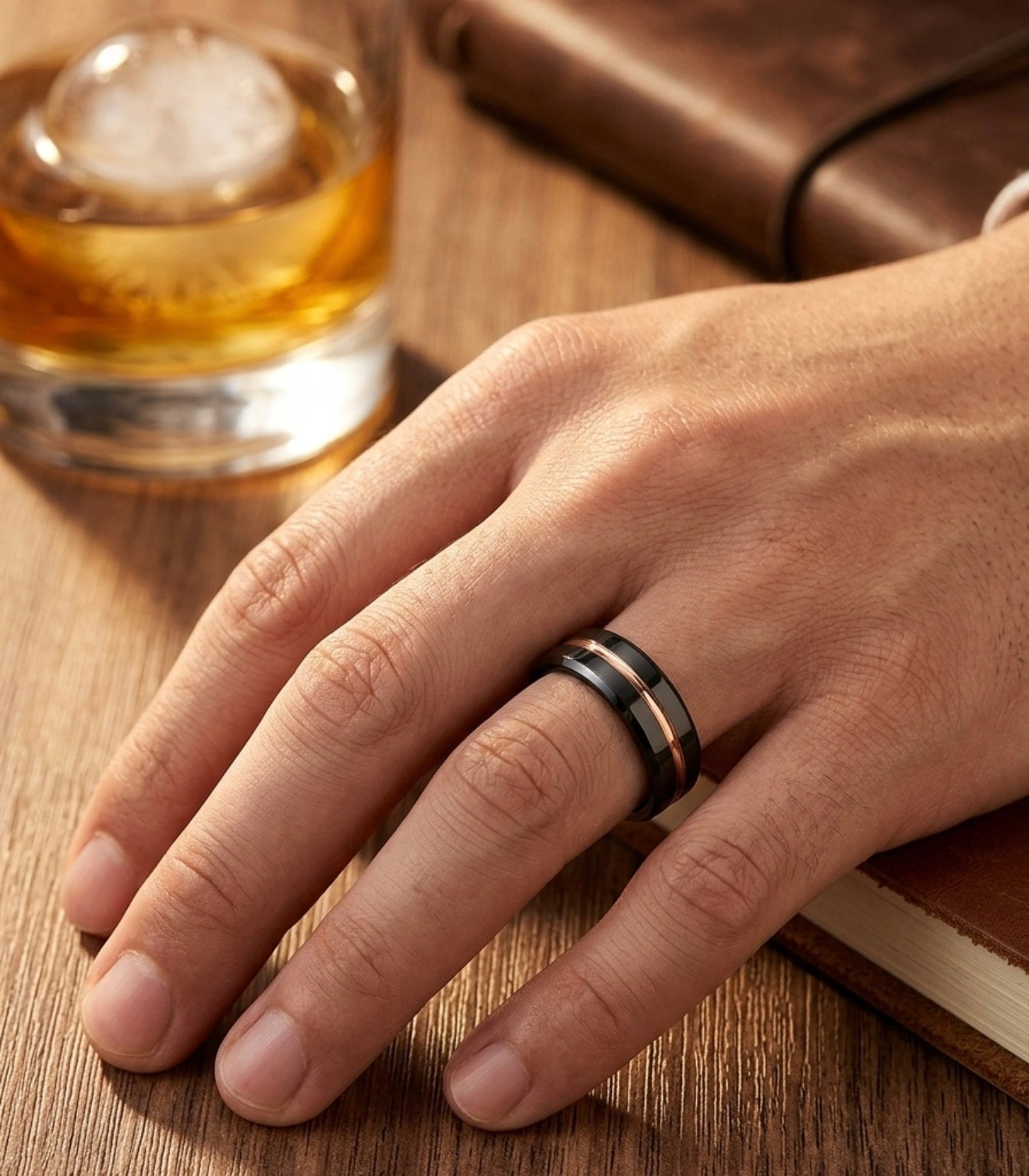 The Eclipse Apex: Black Tungsten Band with Rose Gold Grooved Inlay
