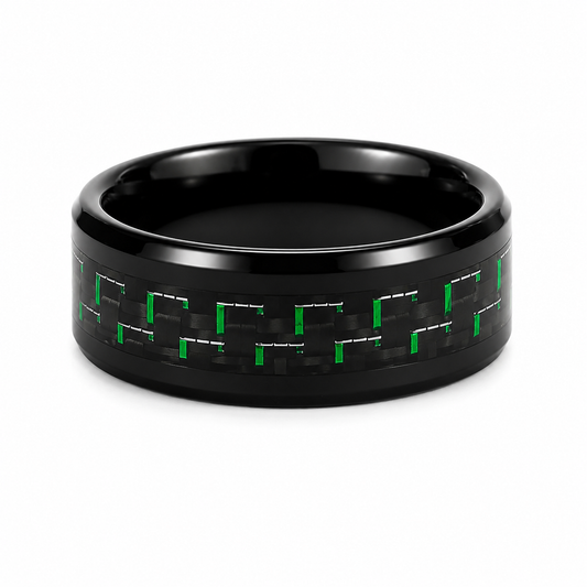 The Apex Stealth: Black Tungsten Band with Green & Black Carbon Fiber Inlay
