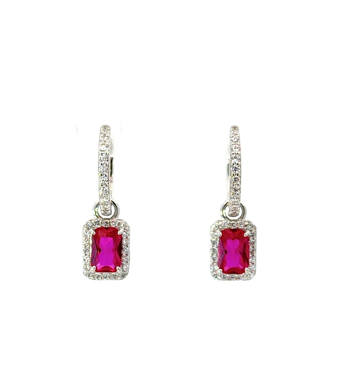 Sterling Silver Emerald-cut Ruby Drop Earrings