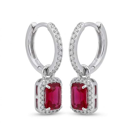 Sterling Silver Emerald-cut Ruby Drop Huggie Hoop Earrings