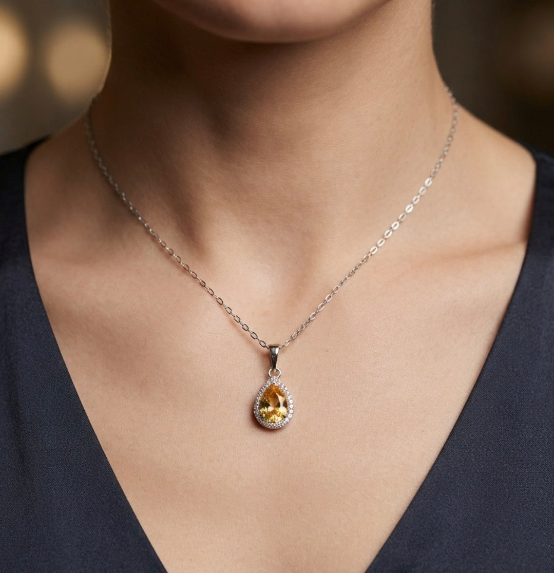 Sterling Silver Teardrop-cut Fancy Yellow Halo Necklace