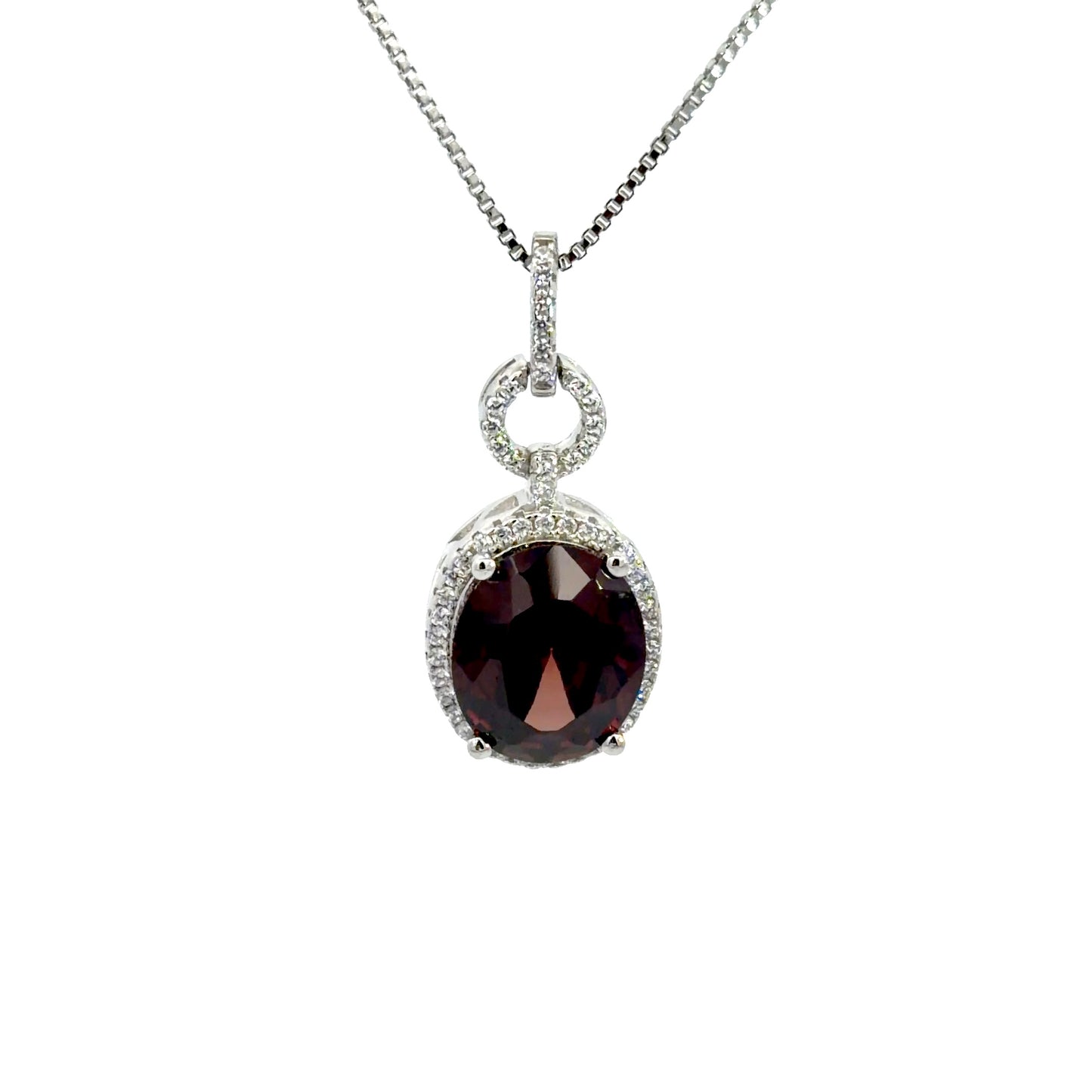 Sterling Silver Cubic Zirconia Oval Cut Garnet Necklace