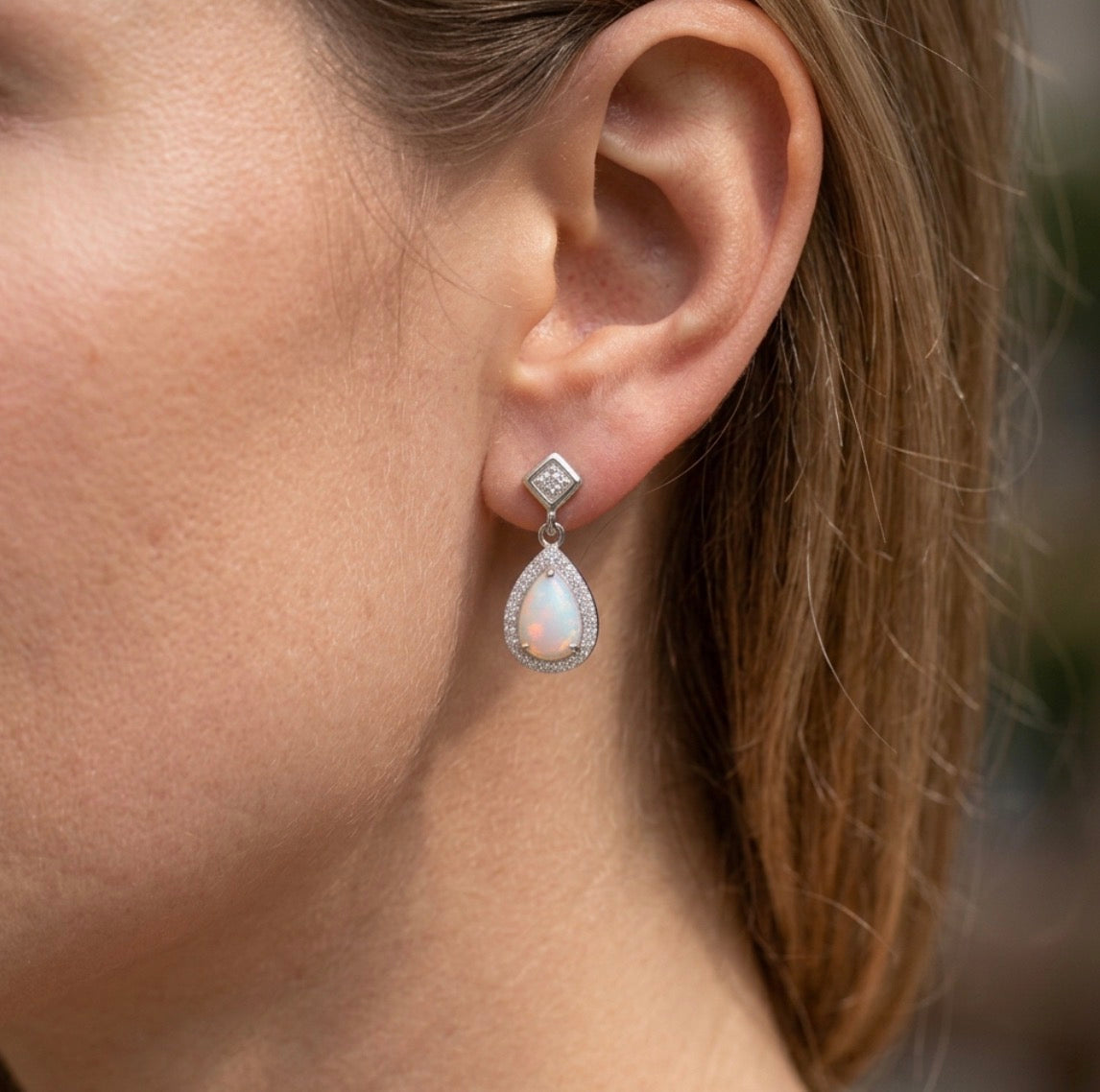 Sterling Silver Halo Teardrop-cut Opal Earrings