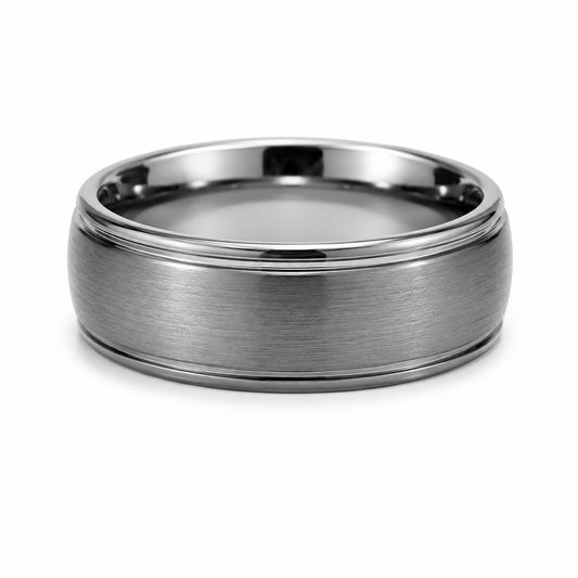 Silver Brushed 8MM Tungsten Band with Stepped Polished Edges