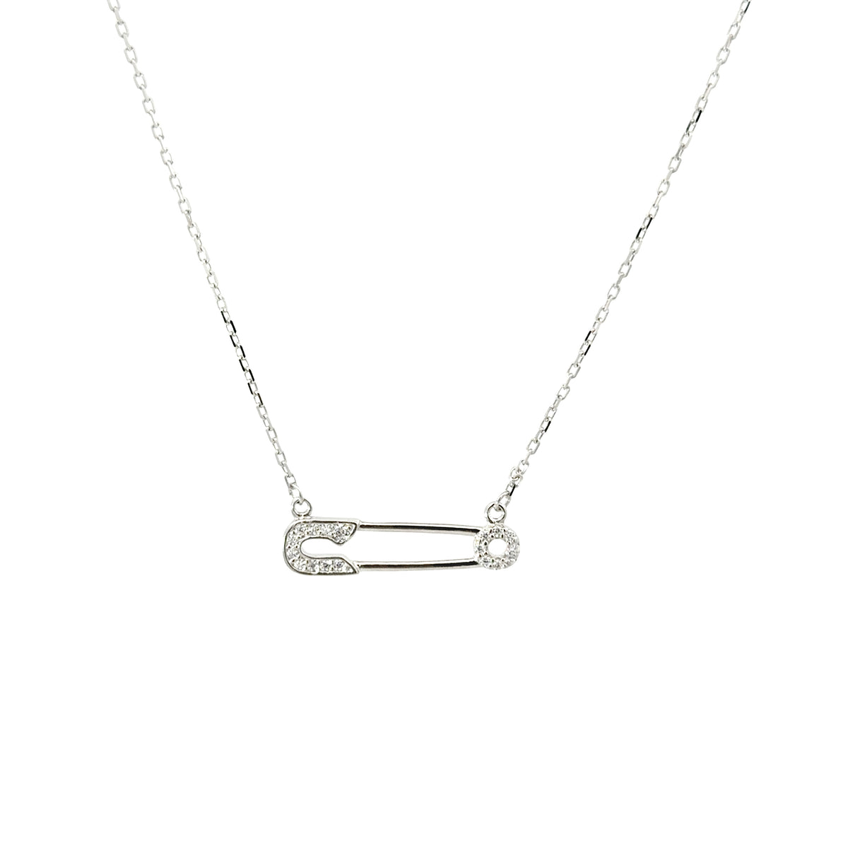 Sterling Silver Pave Safety Pin Necklace