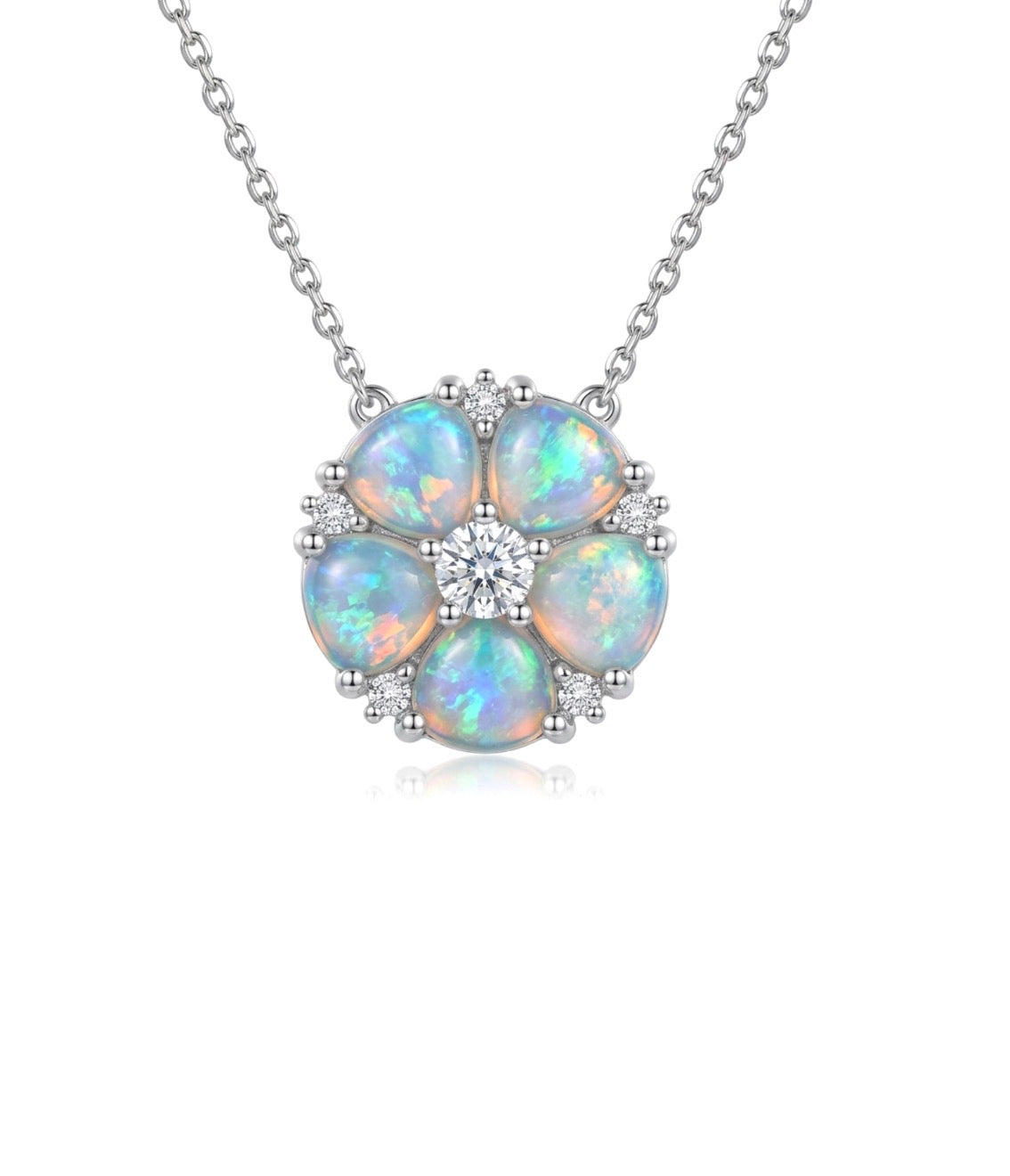 Sterling Silver Opal Floral Design Necklace