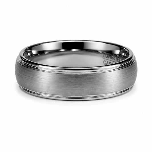 The Legacy Slim: 6mm Silver Brushed Tungsten Band with Stepped Polished Edges