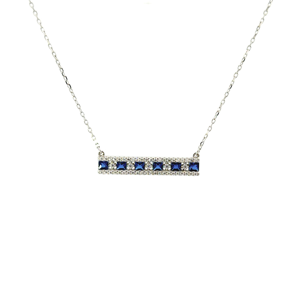 Sterling Silver Sapphire Princess-cut Bar Necklace