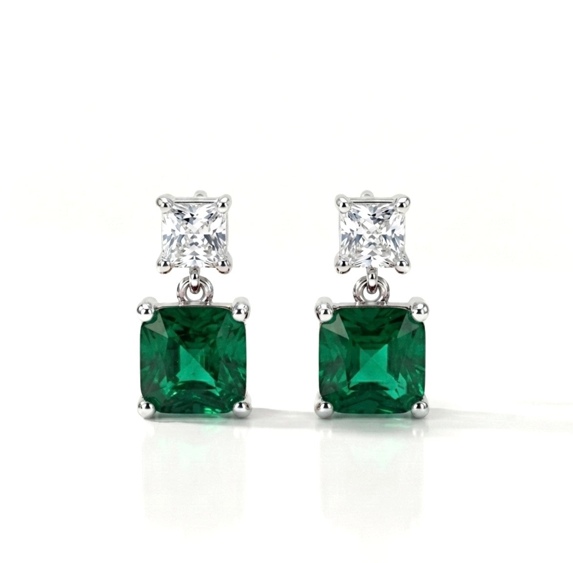 Sterling Silver Princess-cut Emerald Drop Earrings