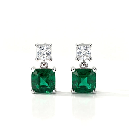 Sterling Silver Princess-cut Emerald Drop Earrings