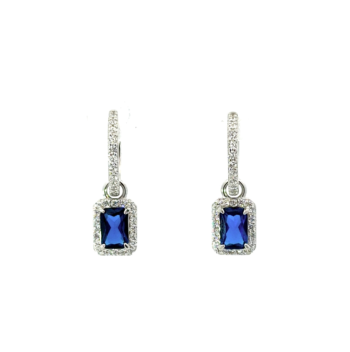 Sterling Silver Emerald-cut Sapphire Halo Drop Earrings