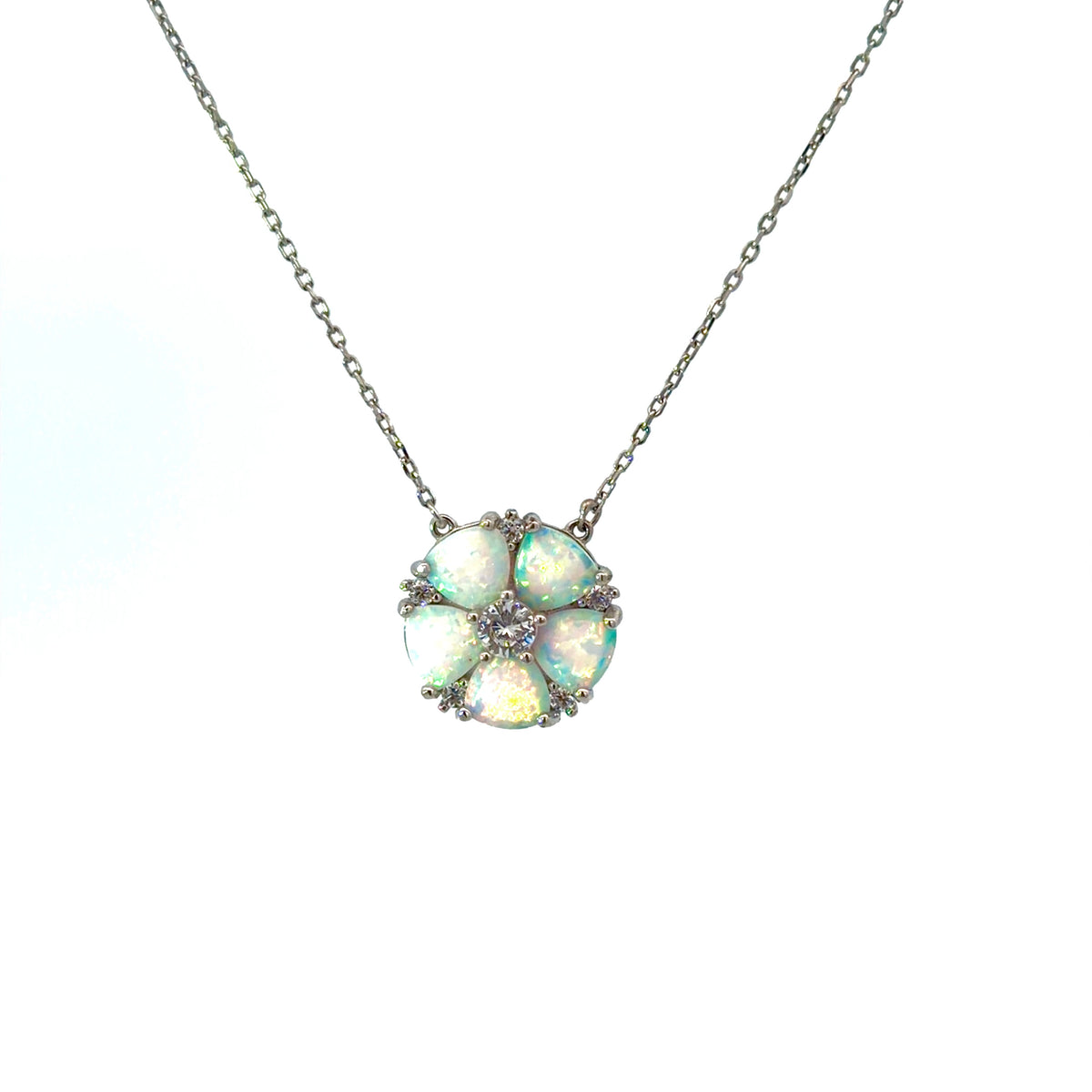 Sterling Silver Opal Floral Design Necklace