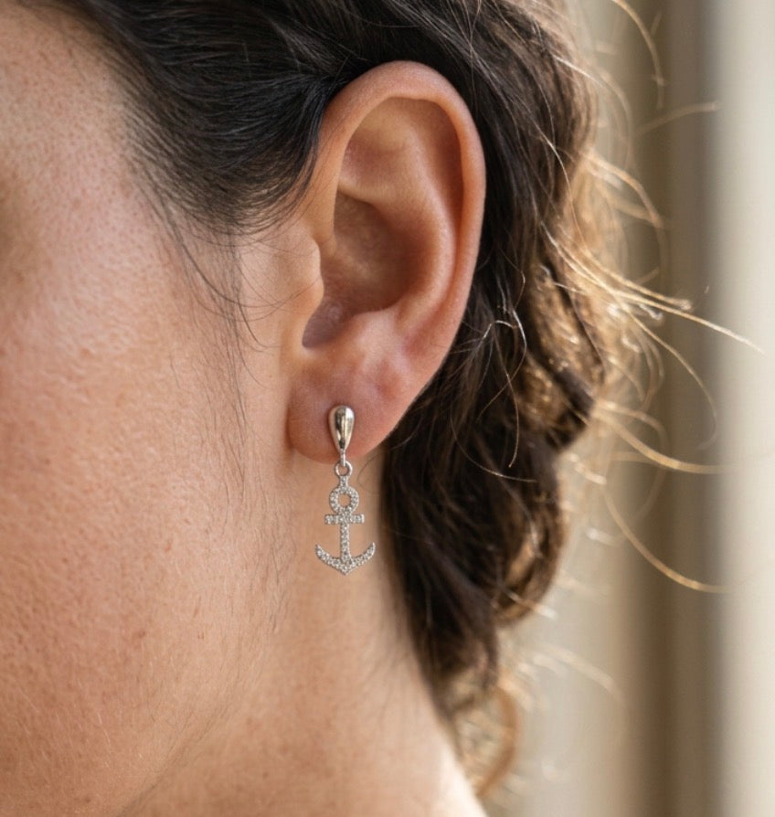 Sterling Silver Cubic Zirconia PaveSet Anchor Earrings