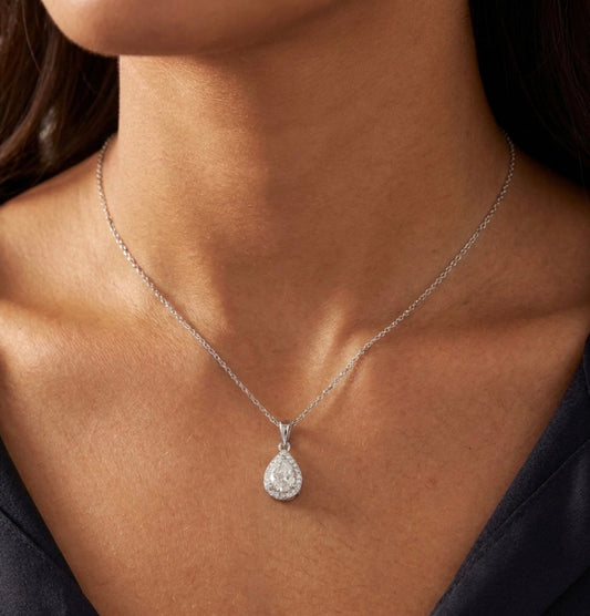 Sterling Silver Teardrop-cut Cubic Zirconia Halo Necklace