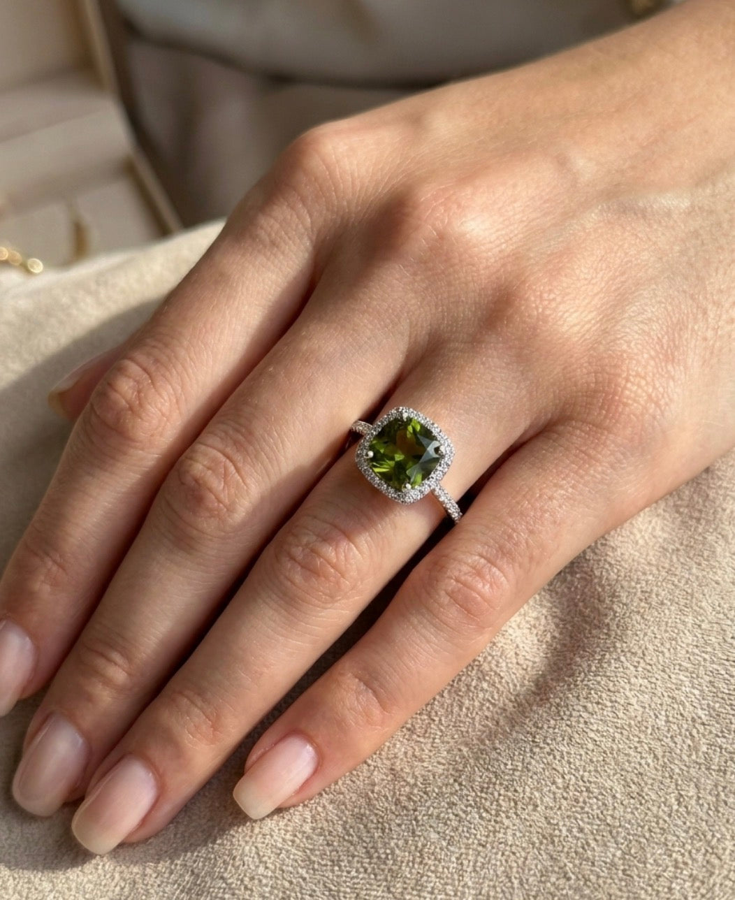 Sterling Silver Cushion-cut Peridot Halo Ring