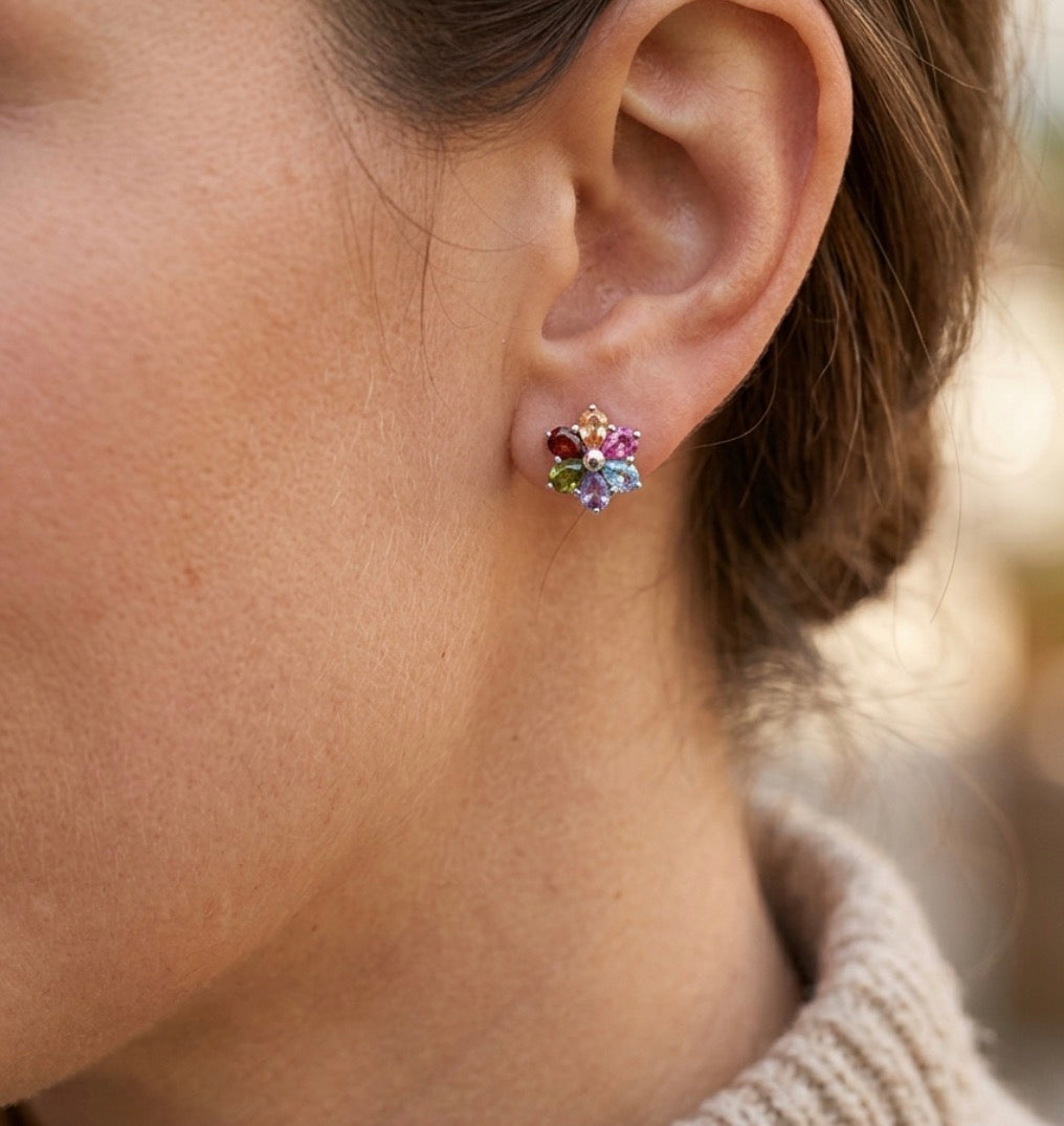 Sterling Silver Teardrop Multi-Color Floral Stud Earrings