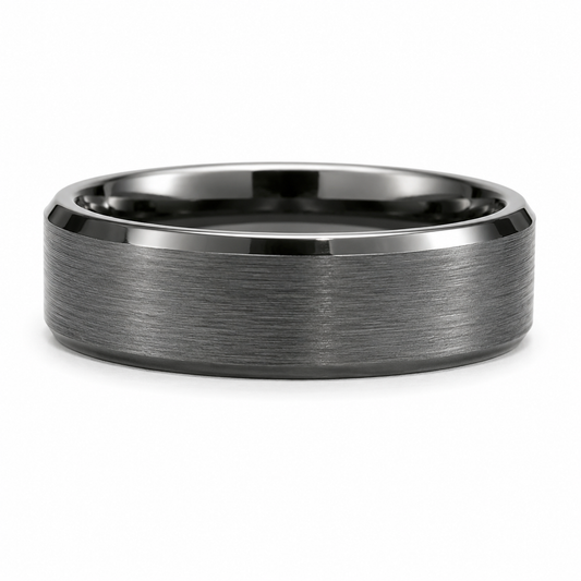 Brushed Charcoal 6MM Tungsten Band with  Beveled Edges