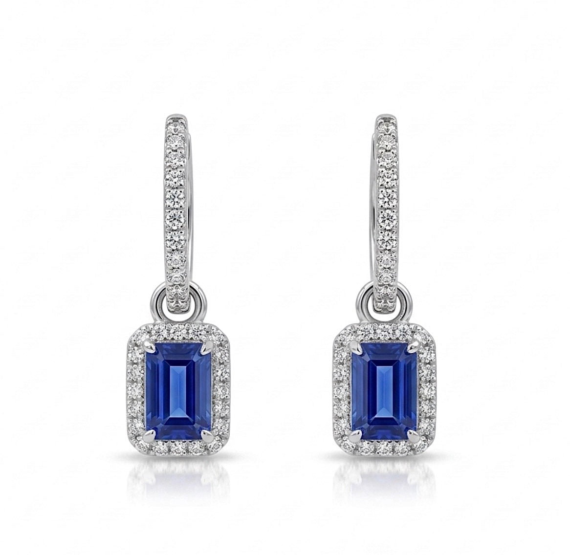 Sterling Silver Emerald-cut Sapphire Halo Drop Earrings