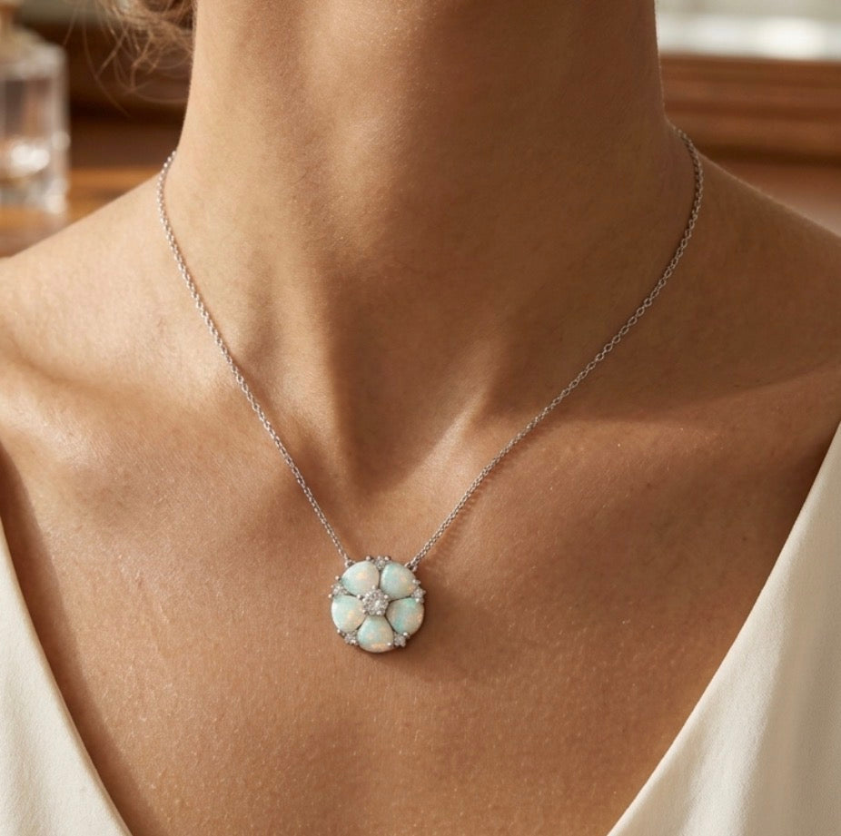 Sterling Silver Opal Floral Design Necklace
