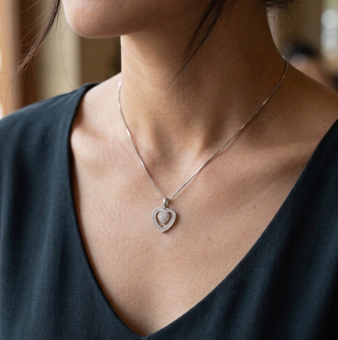 Sterling Silver Cubic Zirconia Double Frame Heart Necklace