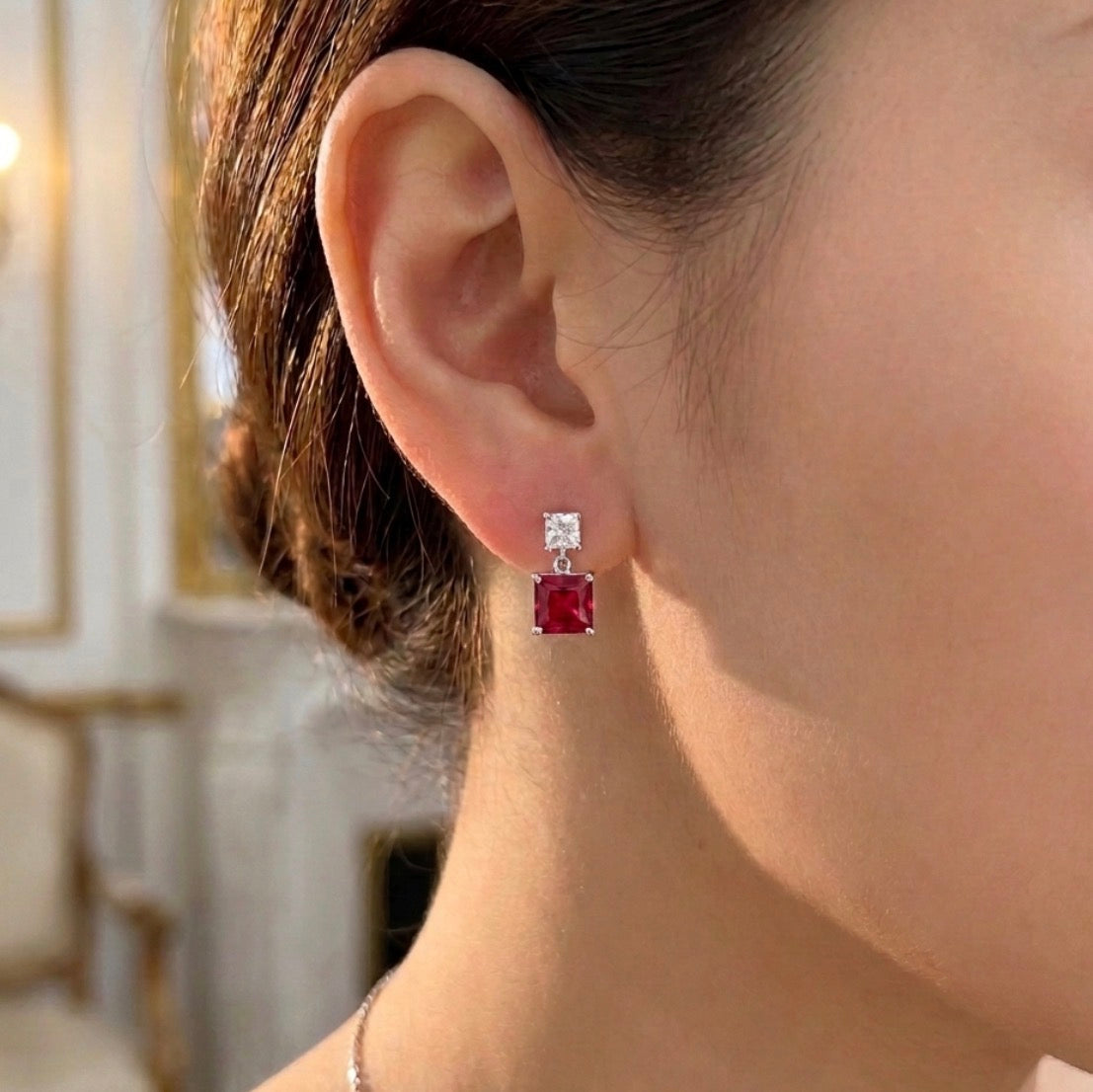 Sterling Silver Princess-cut Ruby Drop Earrings