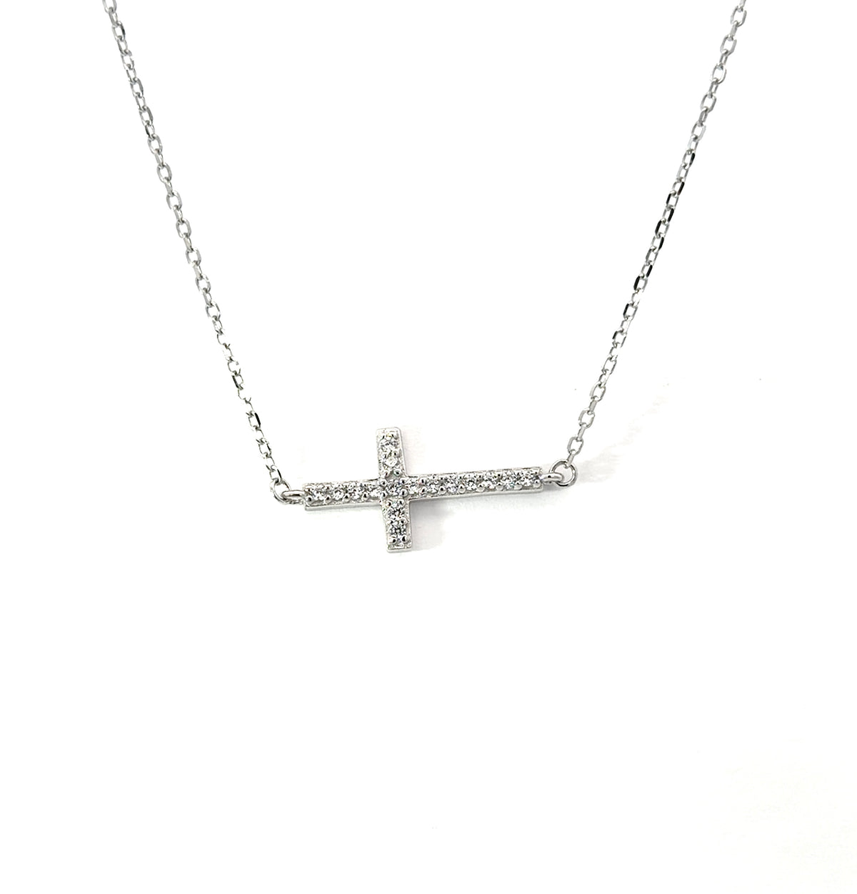 Sterling Silver Pave Sideway Cross Necklace