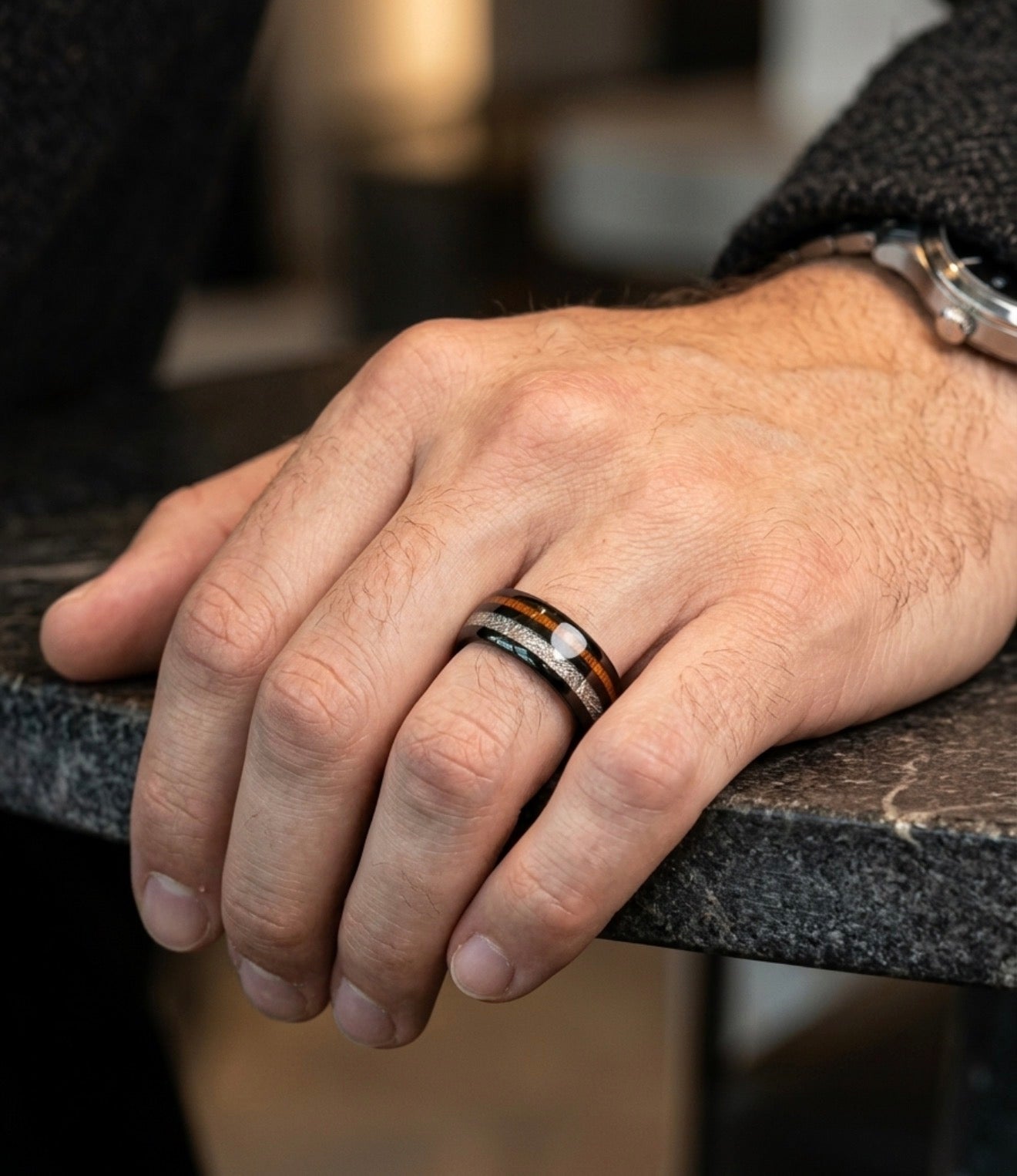 Black Tungsten Band with Meteorite & Koa Wood Inlay