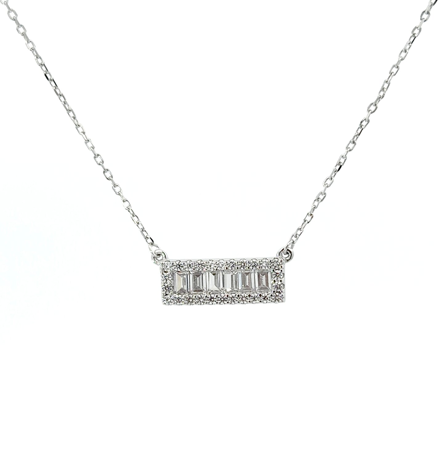 Sterling Silver Baguette Halo Bar  Necklace