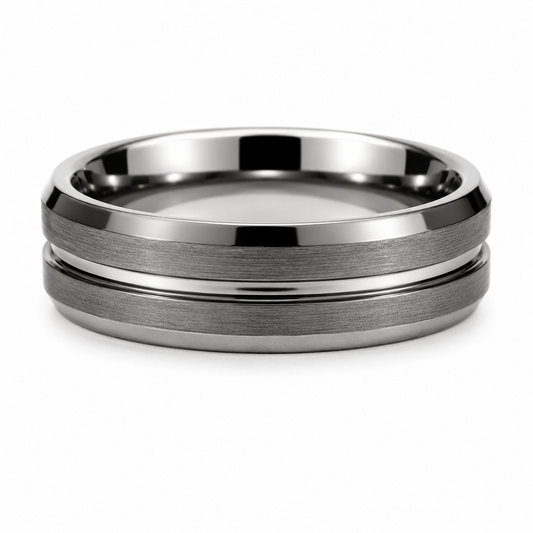 Silver Brushed Tungsten Band with Center Groove & Dual Beveled Edges