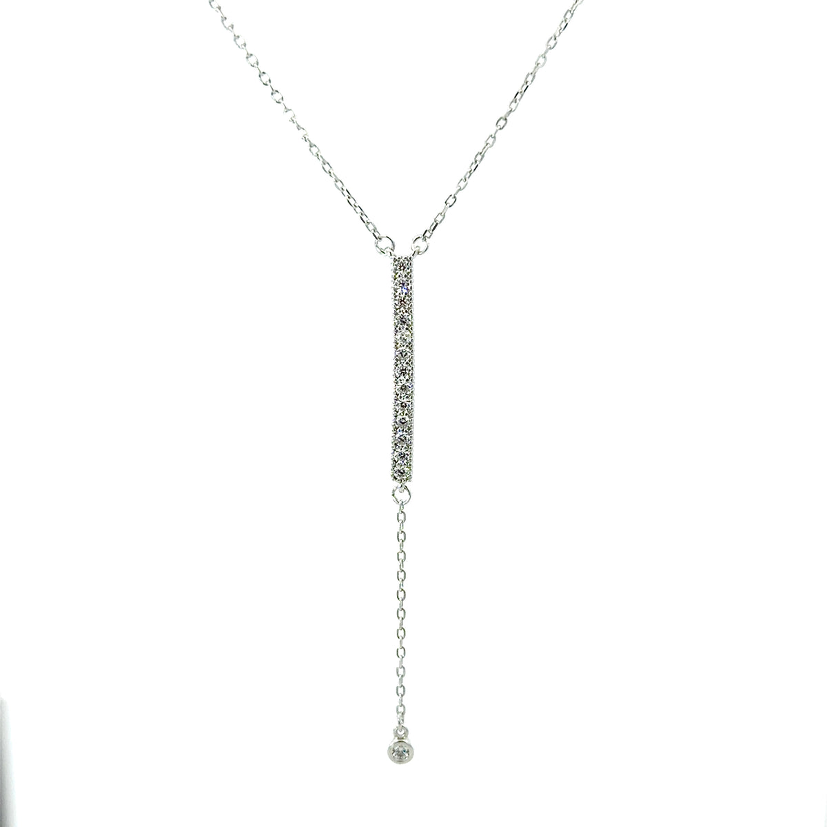 Sterling Silver Silver Linear Pavé Lariat Drop Necklace