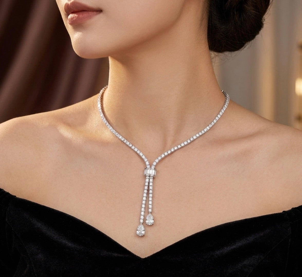 Sterling Silver Cubic Zirconia Double Teardrop Necklace