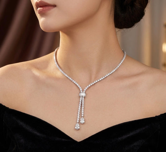 Sterling Silver Cubic Zirconia Double Teardrop Necklace