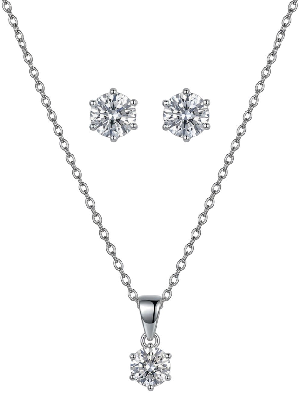 Sterling Silver Solitaire Brilliant-cut Necklace & Stud Earring Set