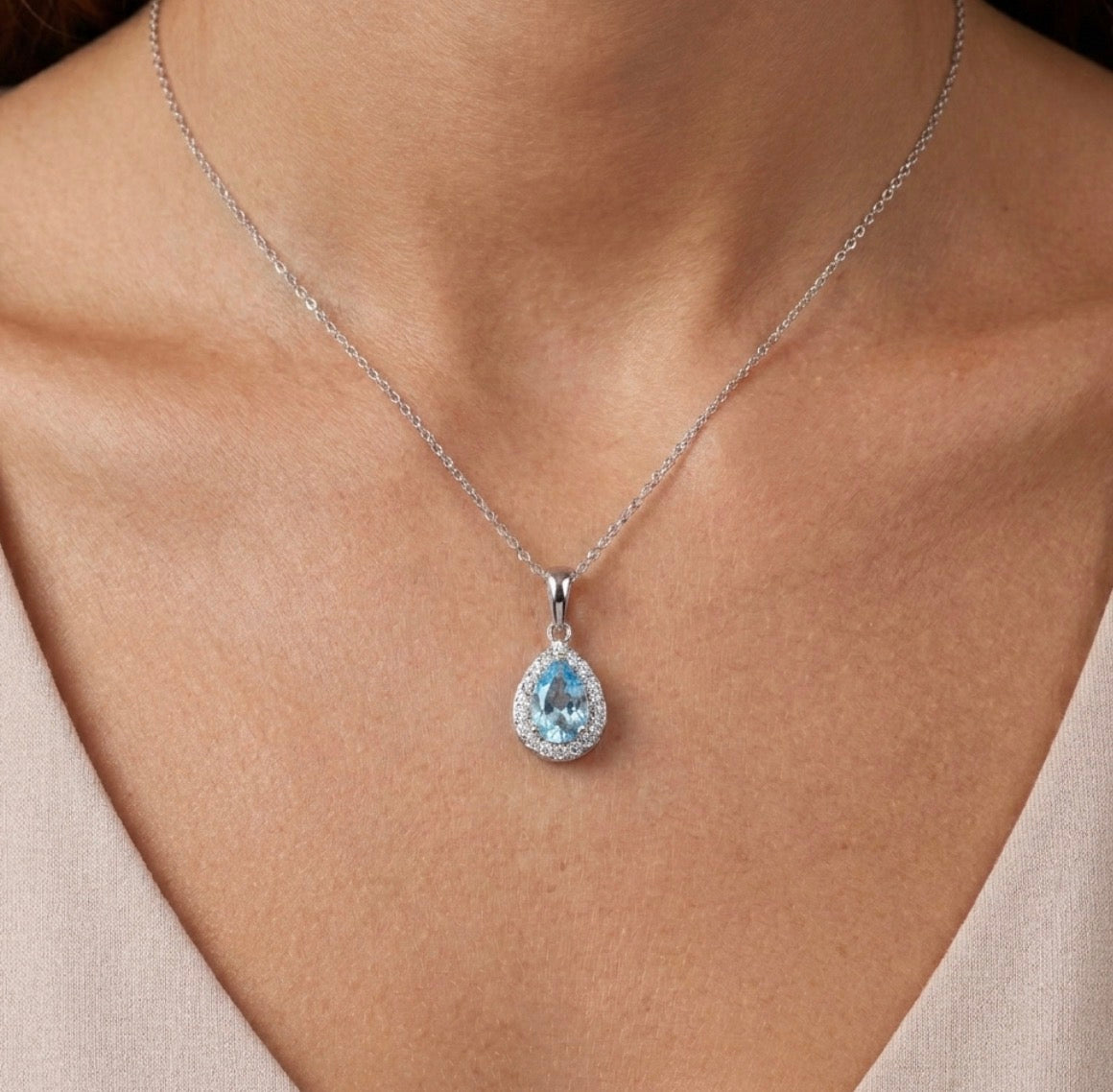 Sterling Silver Teardrop-cut Aquamarine Necklace