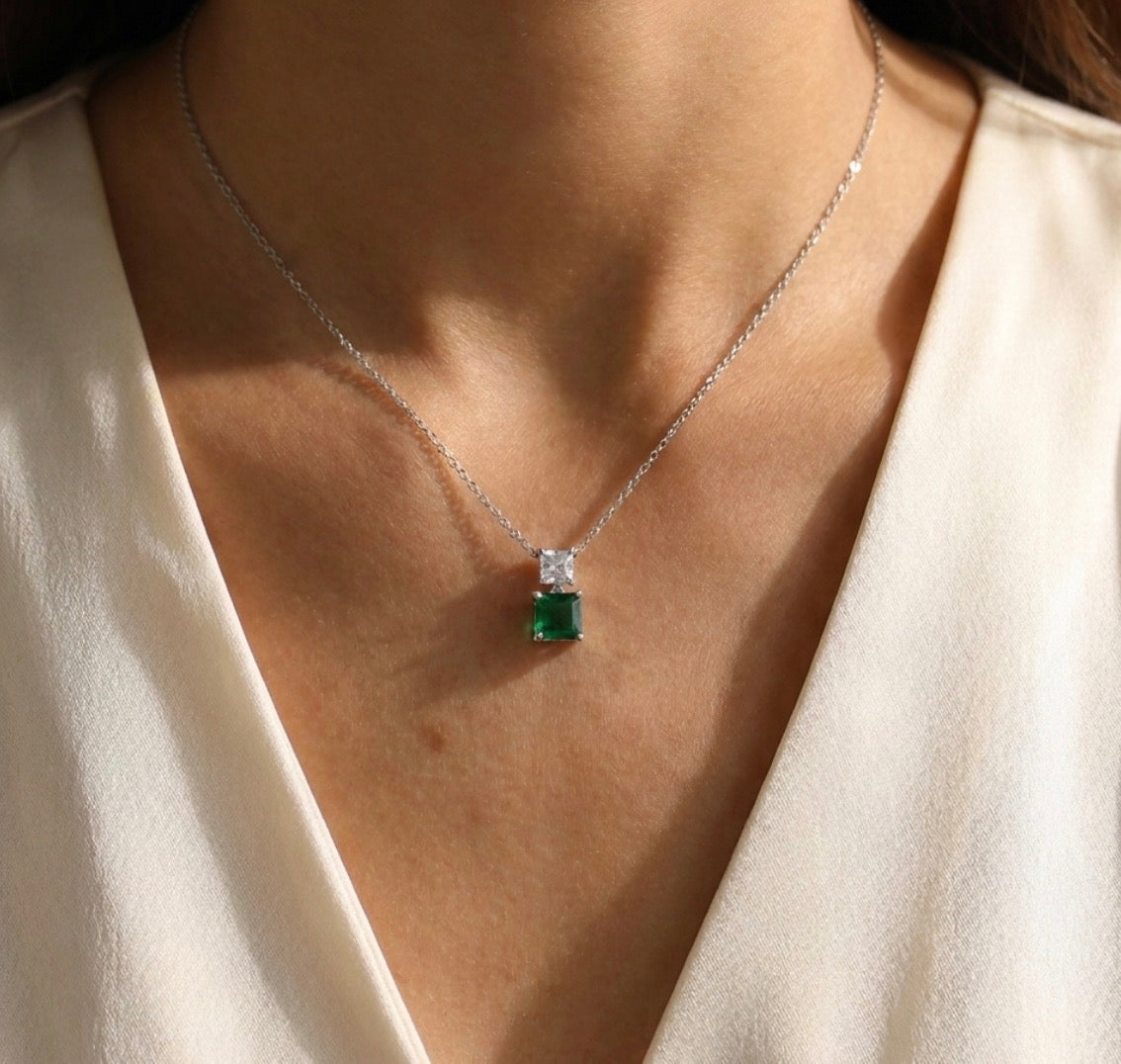 Sterling Silver Princess-cut Emerald Necklace