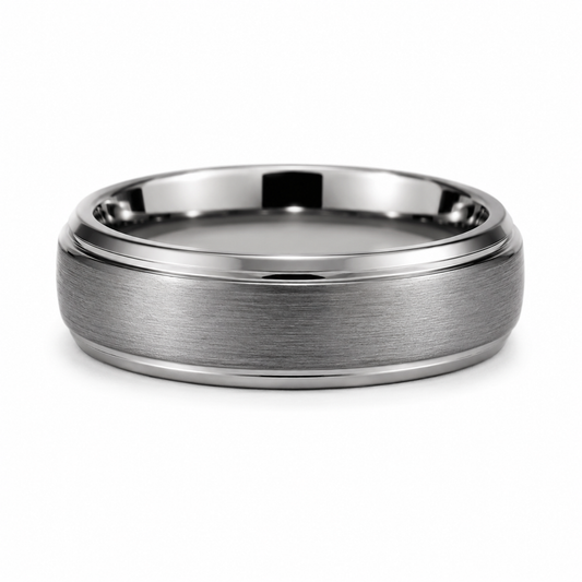 Silver Brushed 6MM Tungsten Band with Stepped Polished Edges