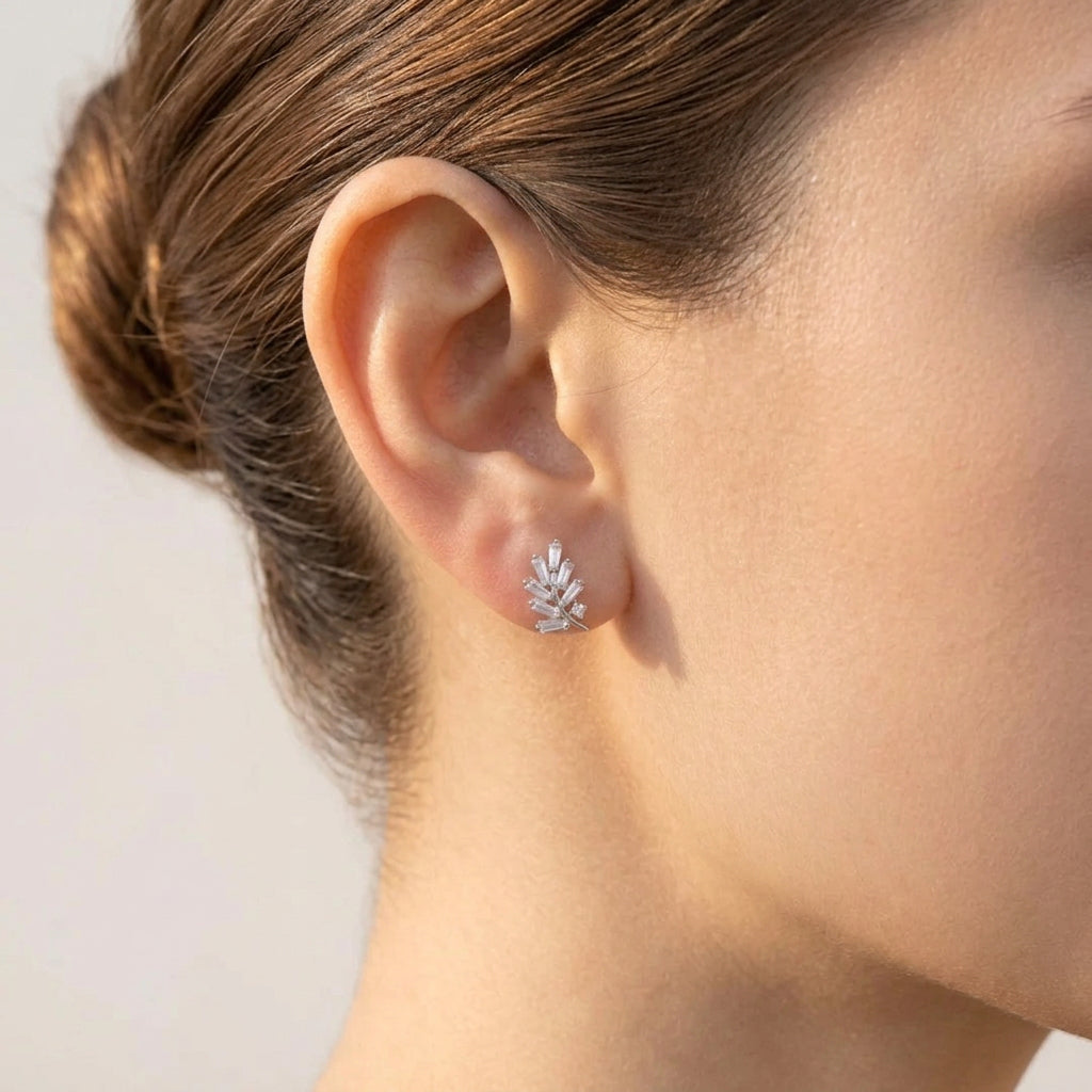 Sterling Silver Cubic Zirconia Leaf Stud Earrings