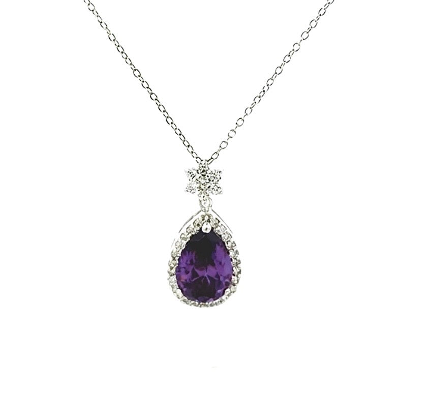 Sterling Silver Amethyst and Halo Teardrop Necklace