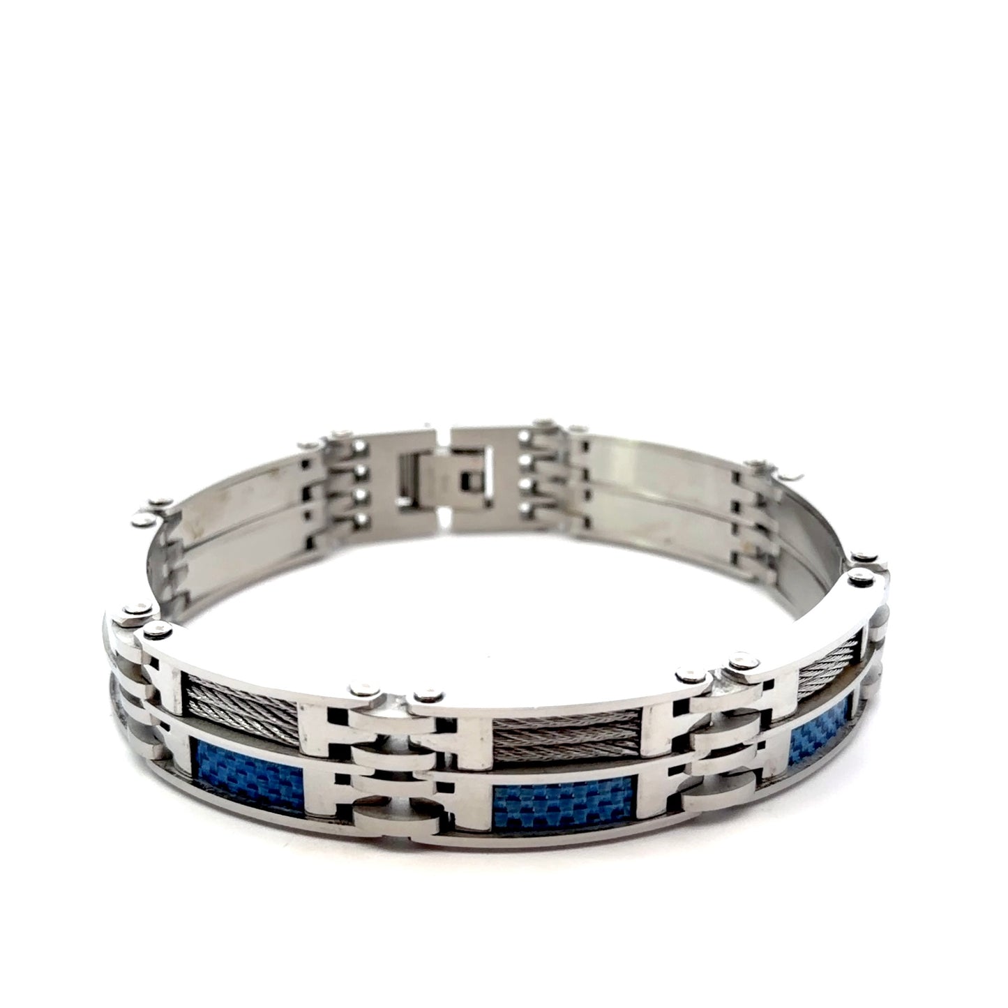 Men’s Stainless Steel Bracelet with Carbon Fiber and Steel Cable Accent