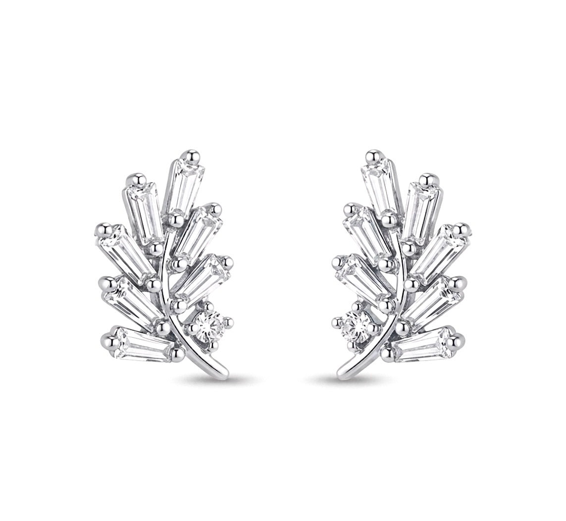 Sterling Silver Cubic Zirconia Leaf Stud Earrings