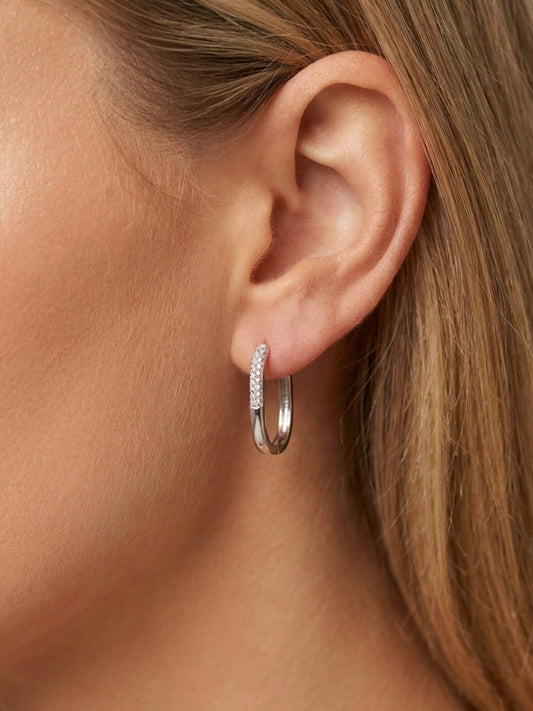 Sterling Silver Cubic Zirconia Pave Hoop Earrings