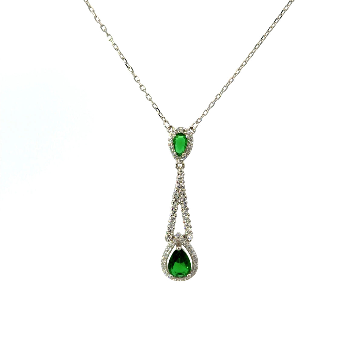 Sterling Silver Double Teardrop-cut Emerald Necklace