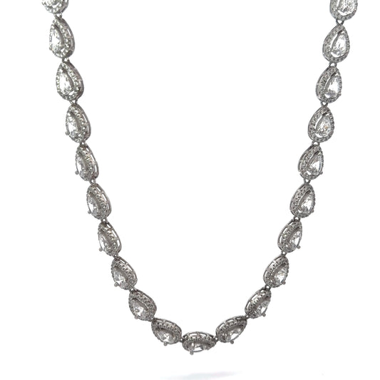 Sterling Silver Pear Shape Halo Set Cubic Zirconia Necklace