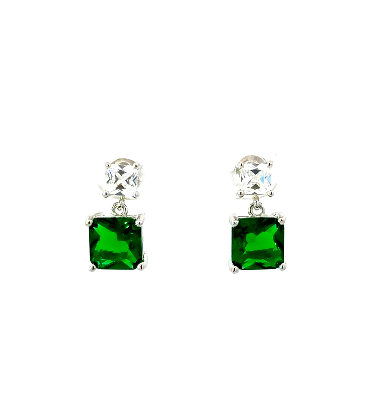 Sterling Silver Princess-cut Emerald Drop Earrings