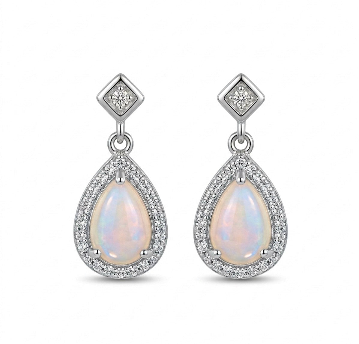 Sterling Silver Halo Teardrop-cut Opal Earrings