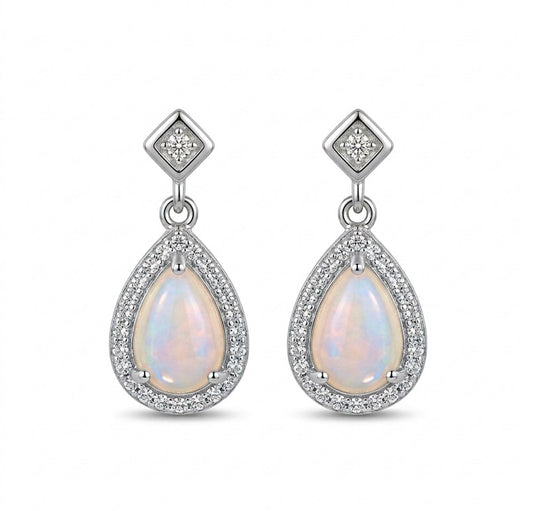 Sterling Silver Halo Teardrop-cut Opal Earrings