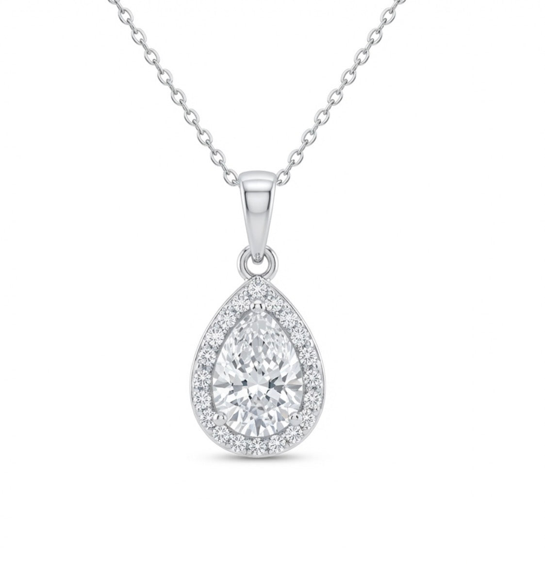Sterling Silver Teardrop-cut Cubic Zirconia Halo Necklace